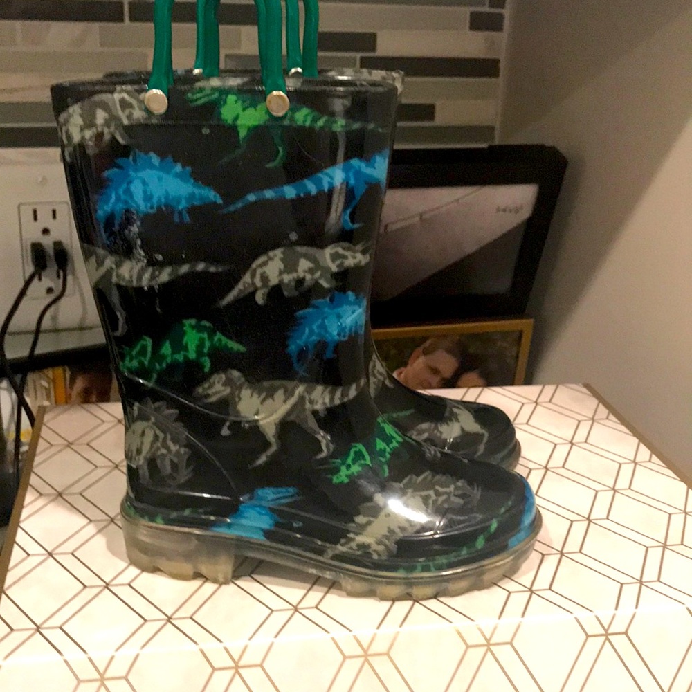 These are black dinosaur rain boots